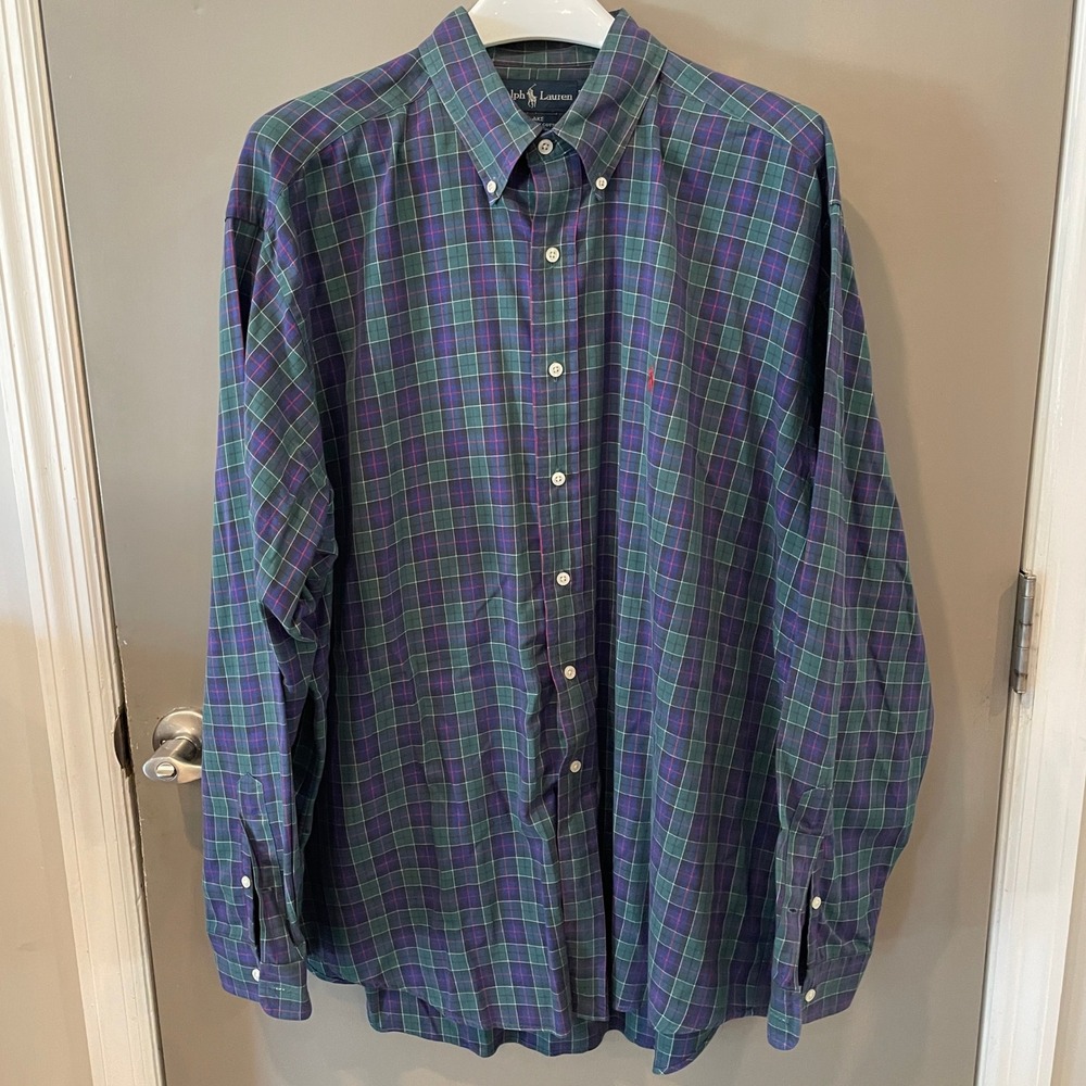 Polo Ralph Lauren Blake Shirt Mens XL Green Blue Plaid 100% Relaxed Fit